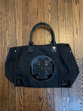 Tory Burch Black Nylon Tote with Patent Logo